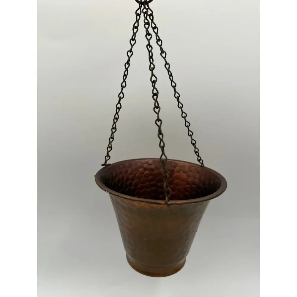 Vintage Small Hammered Solid Copper Hanging Planter Pot with Chain - (4